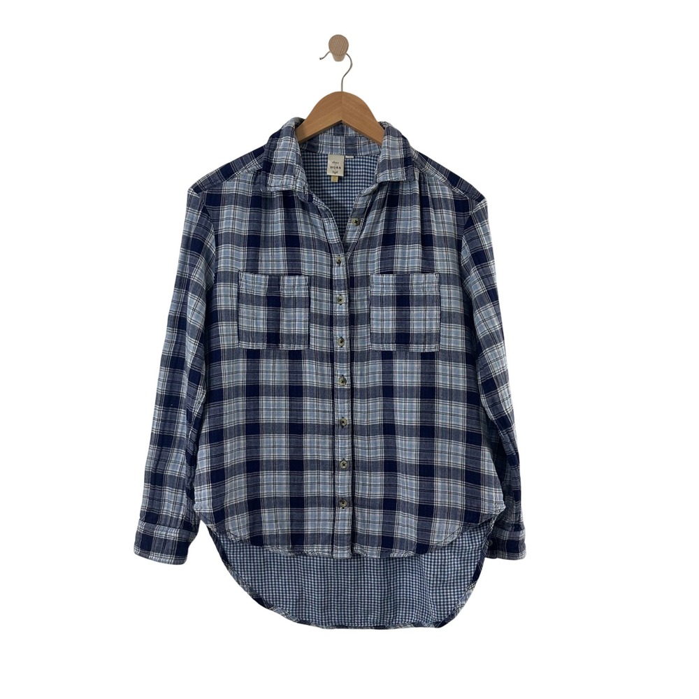 Been Worn Kept Blue Plaid Flannel High Low Gingham Back Shirt Womens Size 4 US